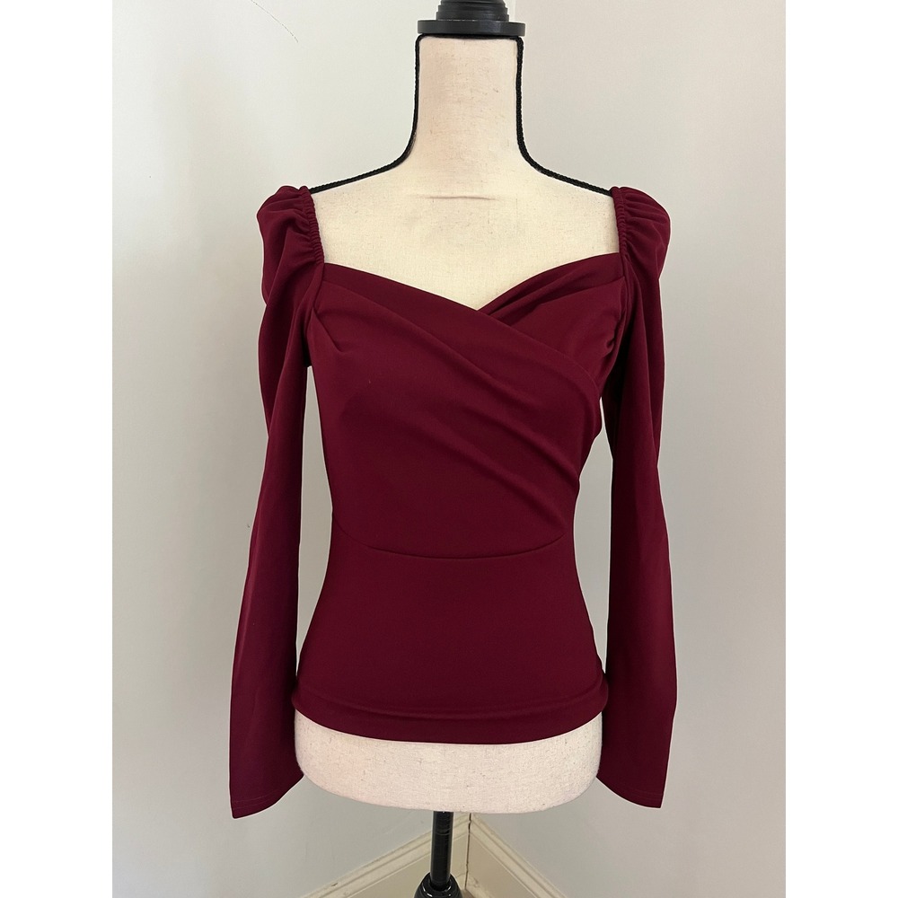 Long Sleeve Puff Shoulder Blouse Small Sweetheart Neck Vamp Wine‎ Red Romantic